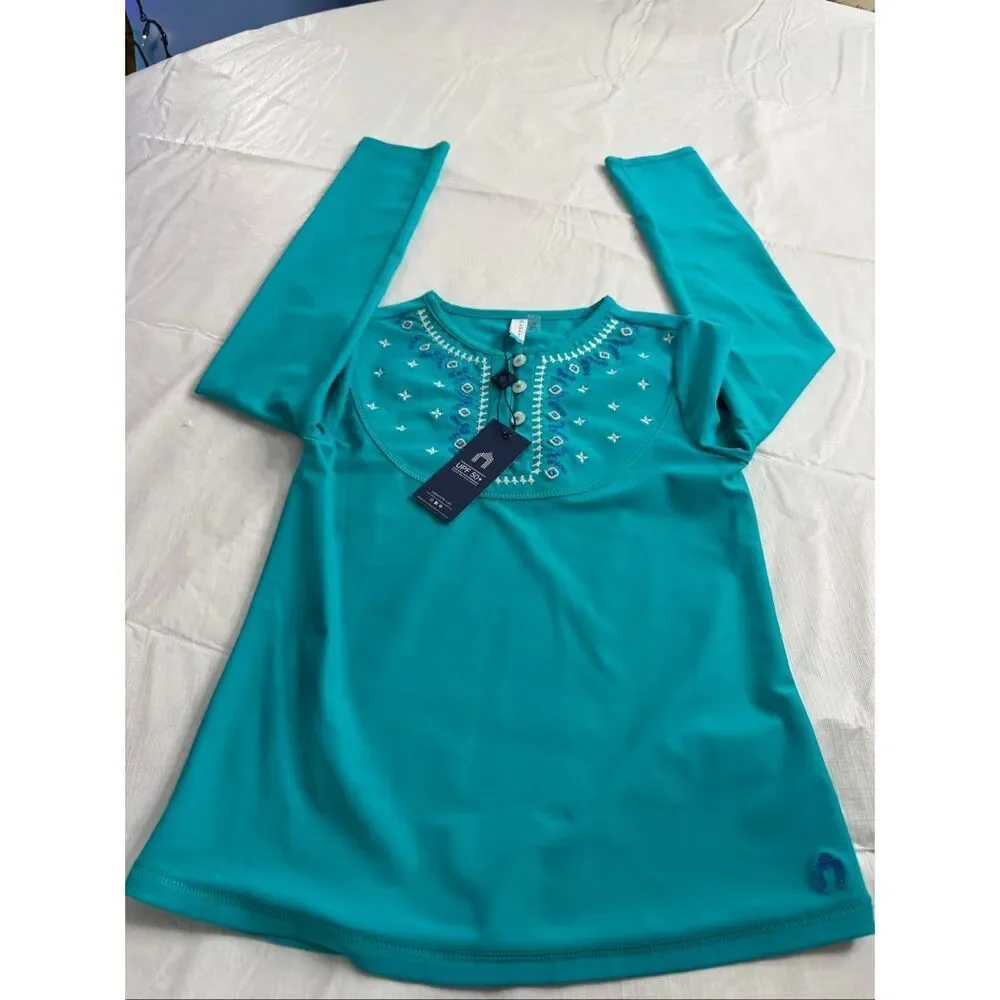 NWT Cabana Life Girls Aqua Blue UPF Rash Guard Top Size 10 New